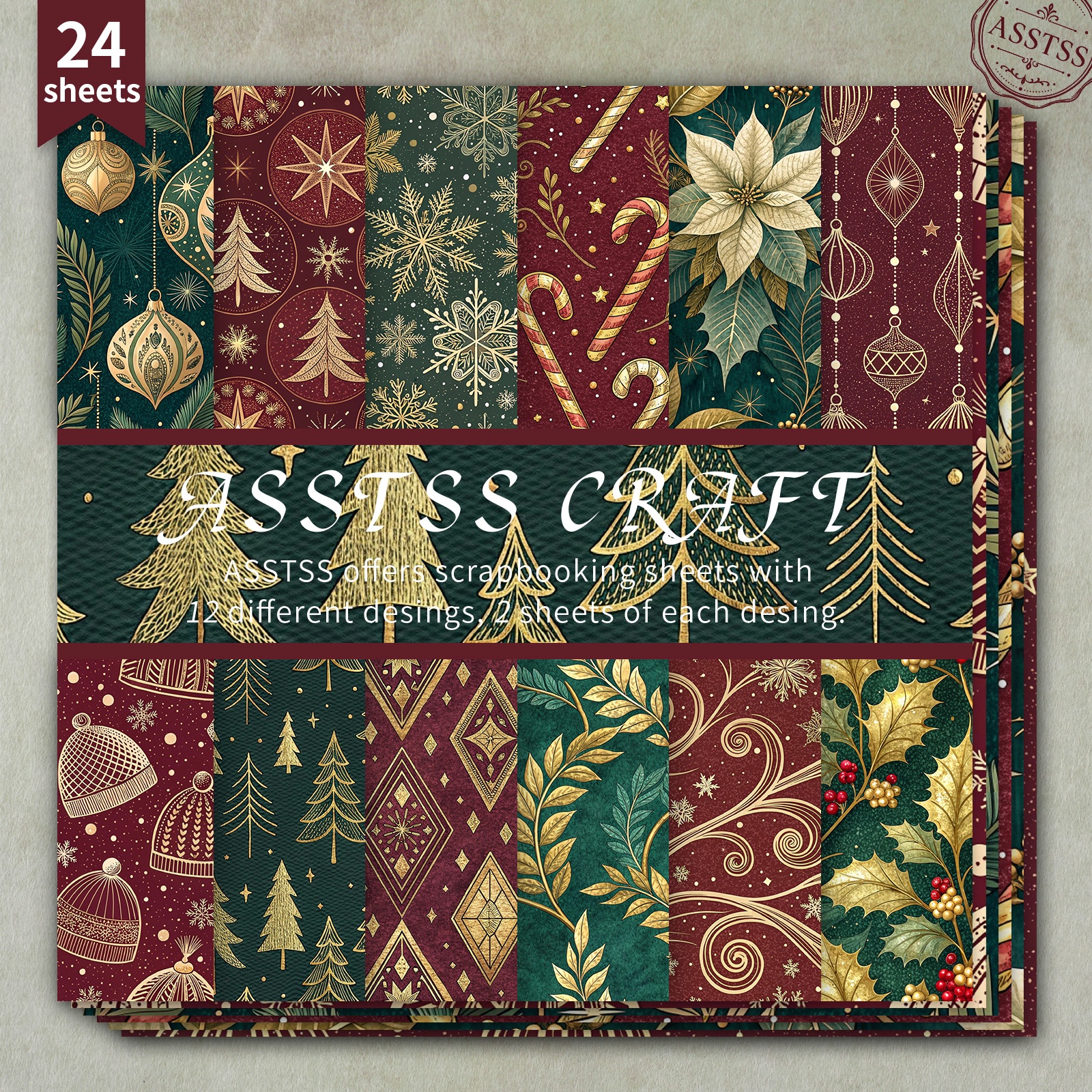 TEMU 24-sheet Asstss 6*6inch Scrapbooking Paper Pad, Christmas Wine Red Dark Snow Holly Backing Paper Supplies, Heavyweight Cardstock For Journaling,