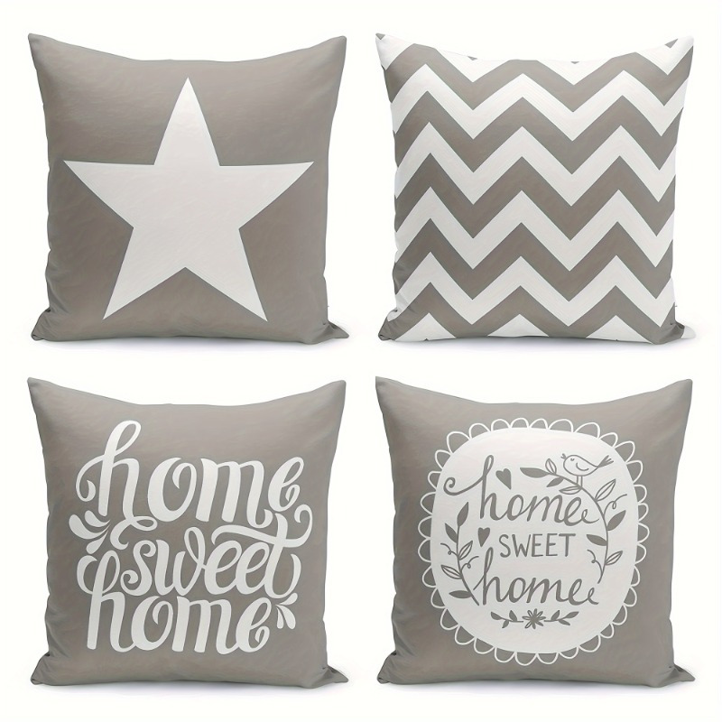 TEMU 4pcs Gray And White Polyester Cushion Pillowcases 18*18inch Durable And Soft Polyester, Machine Washable, Zipper Closure, With Decorative
