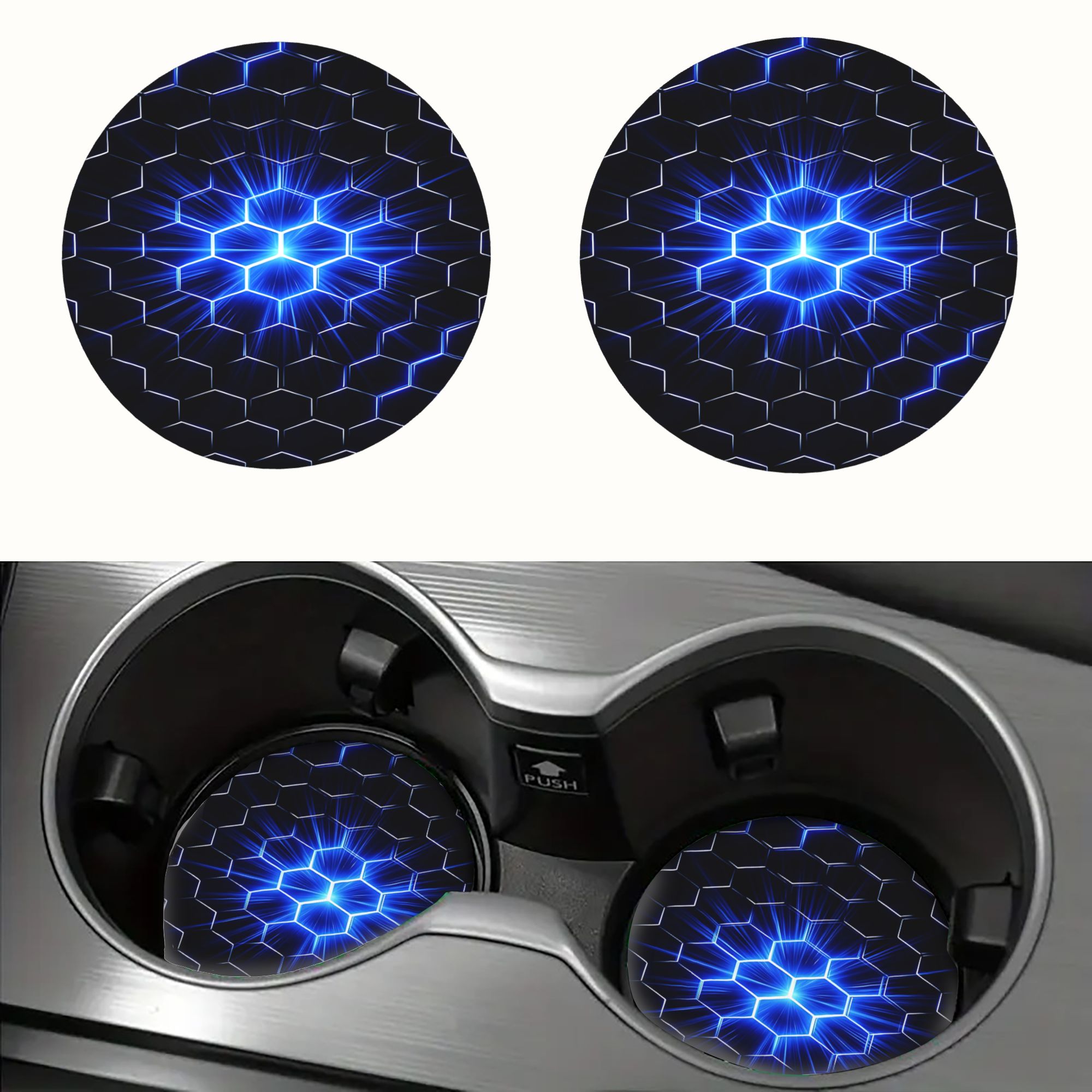 TEMU 2pcs Light Of Futuristic Hexagonal Honeycomb Pattern On Dark Background Water Absorbing Car Cup Holders And Coasters, Car Interior Accessories,