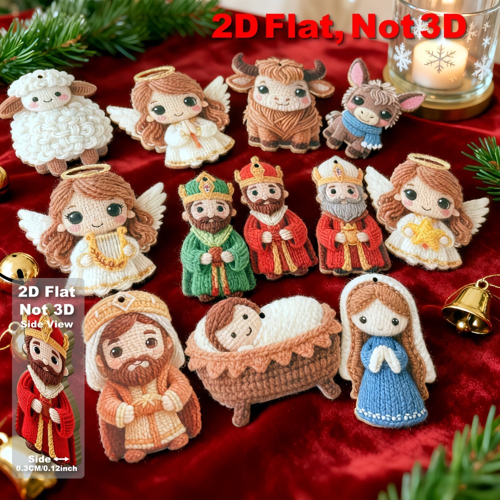 TEMU 2D Flat - [2D Flat] 12 Pezzi Ornamenti Natalizi a Maglia, Design Unico Ciondoli per Albero di Legno, per Feste di Ringraziamento, Halloween,