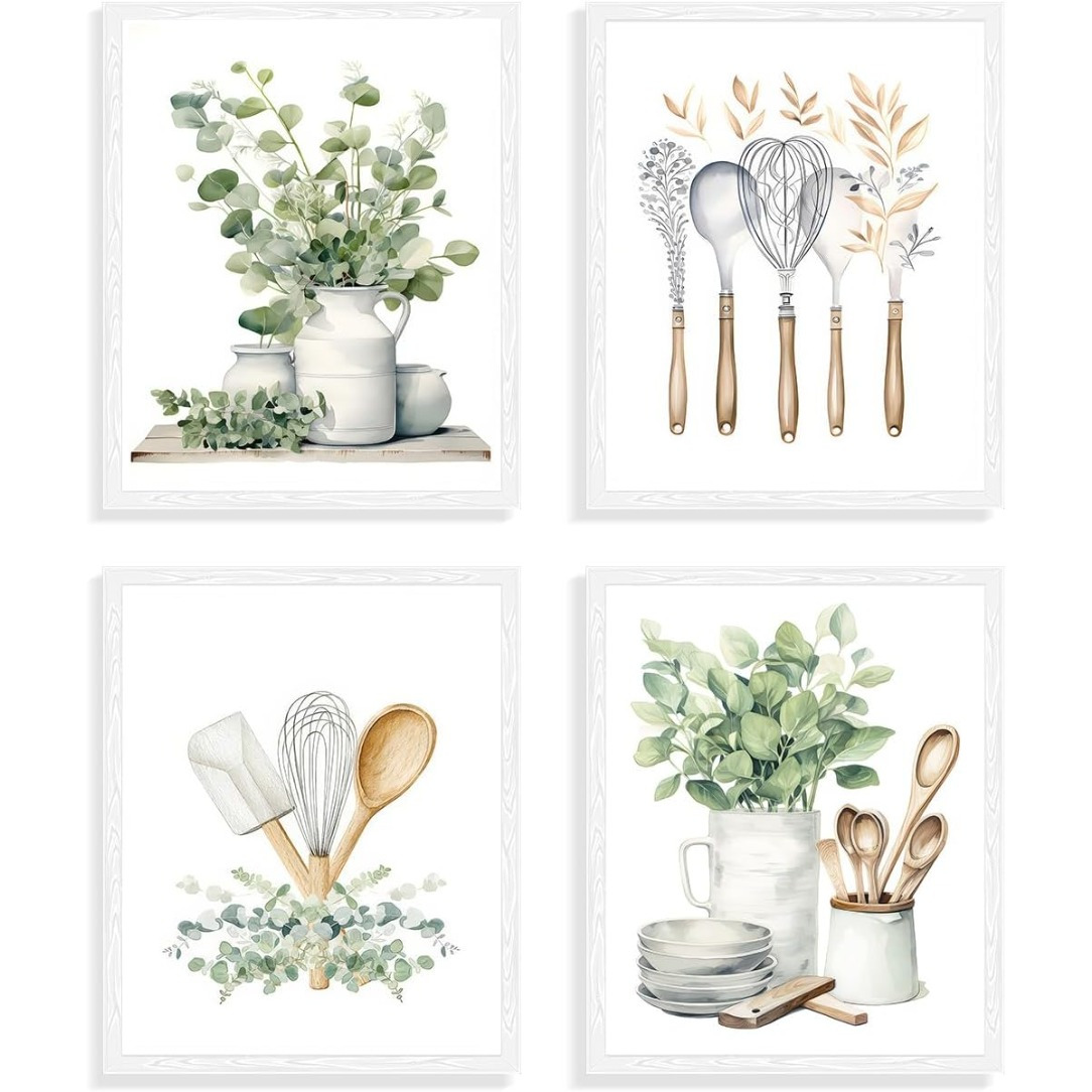 

Ensemble de 4 Peintures Imprimées Cadre de Feuilles de Sauge & Eucalyptus - Décoration Murale Bohème pour Cuisine, 8x10 pouces, pour la Décoration de Chambre