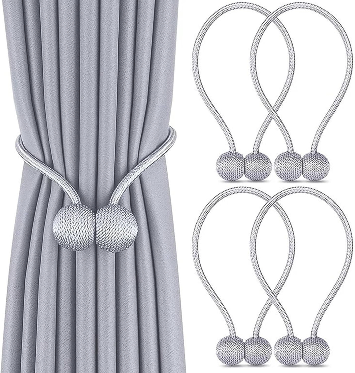 Four Light Gray Minimalist Modern Magnetic Curtain Ties, Magnetic Curtain Straps, Contemporary Curtain Clips, European Curtain Rope Ties, Suitable for Home, Office, And Hotel Window Decoration