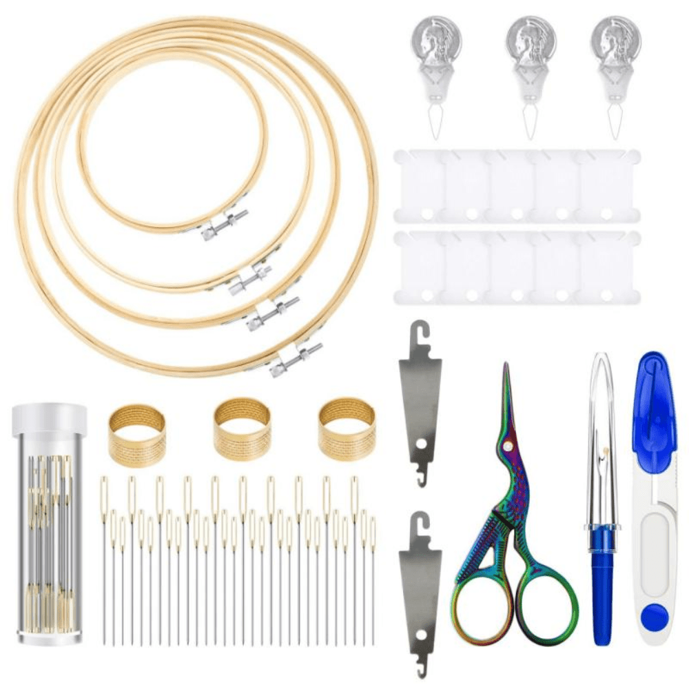 TEMU Complete Embroidery Starter Kit For Beginners With Cross Stitch Hoops, Needle, Floss Bobbins, Thread Winder & Thimble - -one Fabric Craft