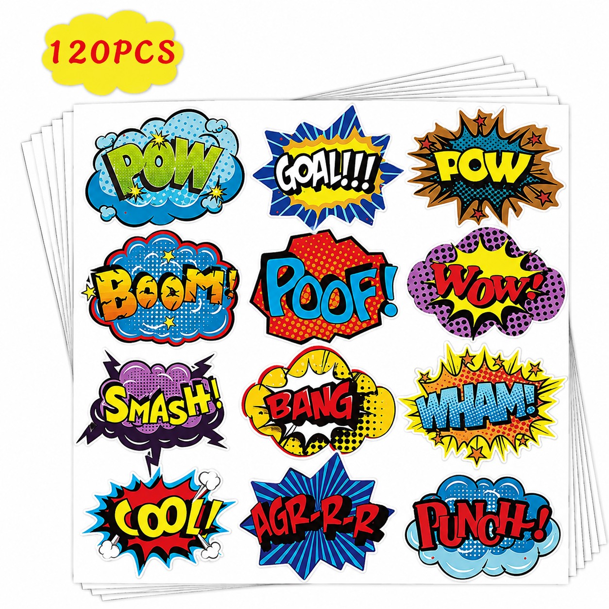 TEMU Adesivi con effetti sonori da da 120 pezzi, decalcomanie con parole in PVC qualit� in stile Pop Art da supereroi per borracce, laptop, quaderni,