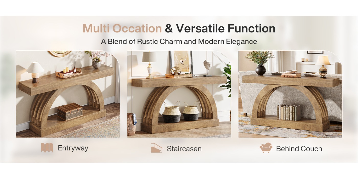 63-Inch Farmhouse Arched Entryway Console Table - 2-Tier Storage 12 Arched Silhouette and 2-Tier Storage Detail