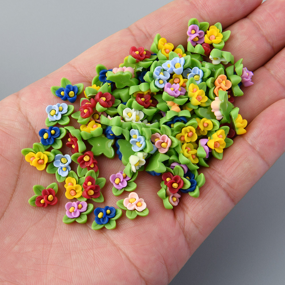 TEMU 34pcs 0.8 X 1.1cm Mini Resin Flower Beads With Green Leaves, Mixed Color Flat Back Floral Embellishments For Jewelry Making, Craft Projects,