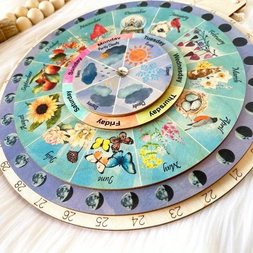2d flat wood perpetual calendar with jewish calendar bohemian style lunar solar calendar wheel phases monthly track seasonal holidays for halloween christmas wood desktop wall decor suitable for office educational