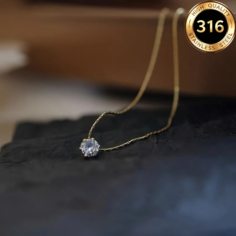 TEMU Collier pendentif pour femme, collier en acier inoxydable plaqué or avec perle de verre unique micro-incrustée, chaîne de clavicule délicate et