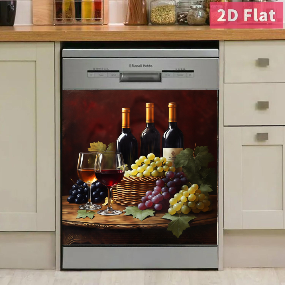 TEMU 2d Flat Stickers- Wine Bottle, Grape& Leaf Still With Red Wine& On Dark Background- Removable Vinyl Decals For Dishwasher, Refrigerator,