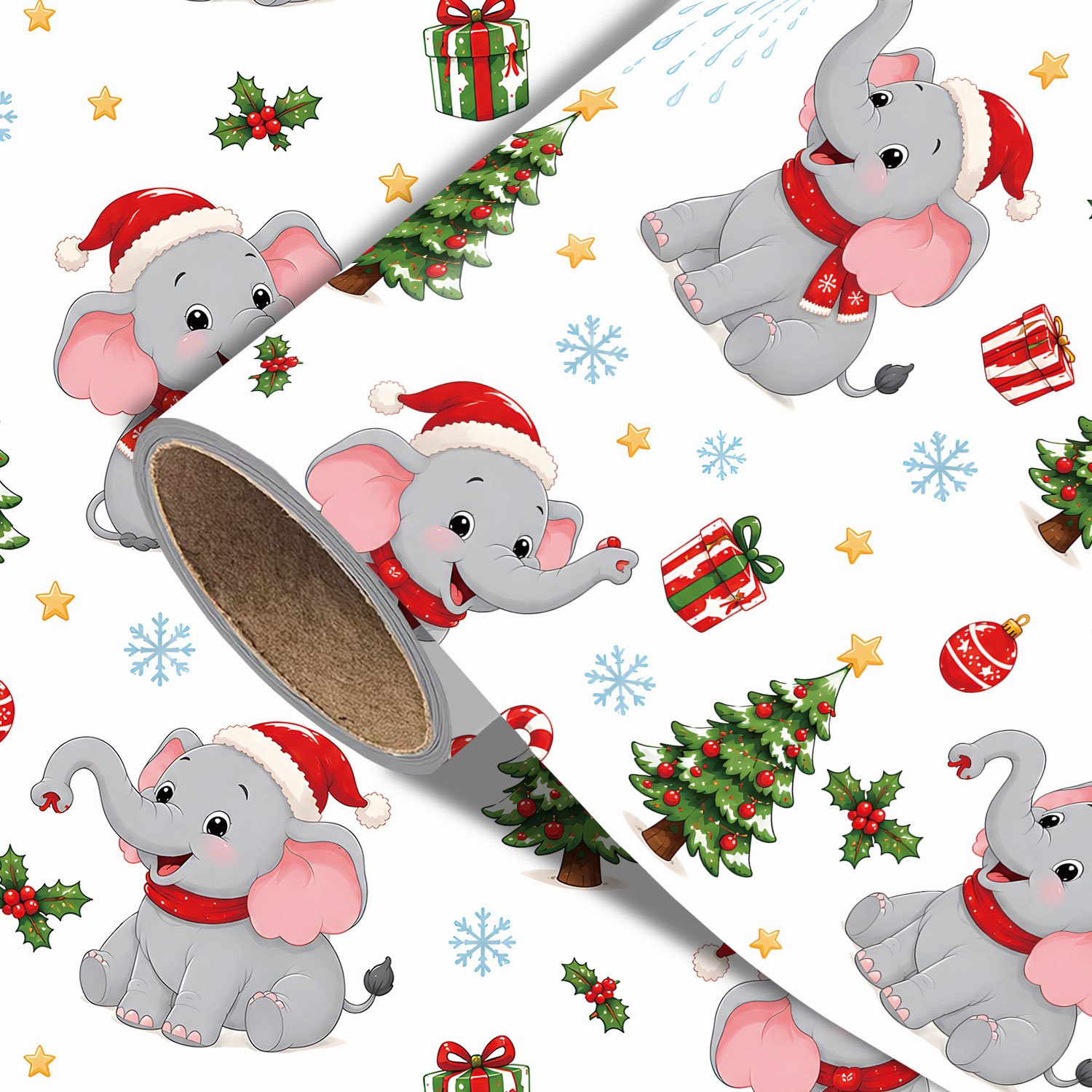 TEMU Roll Of Christmas Elephant Wrapping Paper Suitable For Xmas Gifts, Birthdays & Party Decorations - Single-sided Multicolor Elephant, Tree,