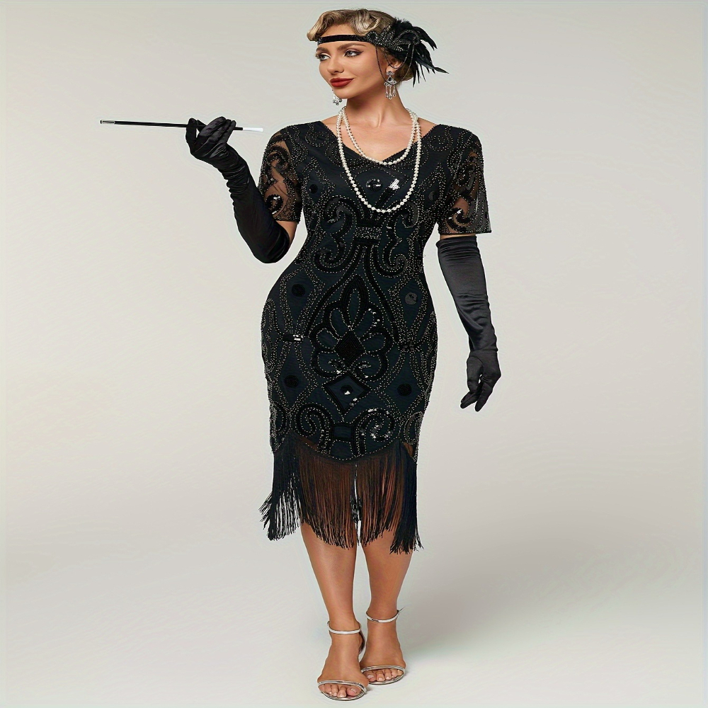 knee length dresses for ladies Alluring Amelia Fringe Flapper Dress in Black by Gatsby Lady – WardrobeShop