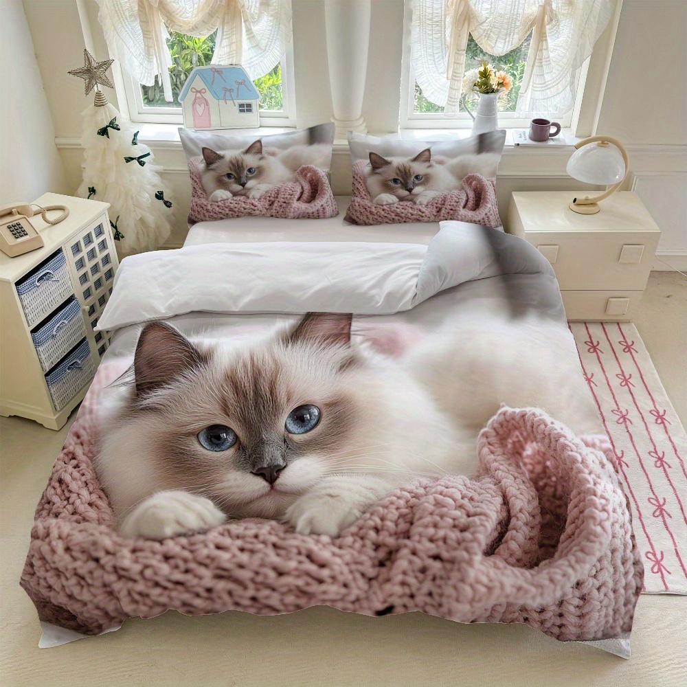 TEMU 3pcs Cat Print Bedding Set Pink And White Duvet Cover With Pillowcases (1duvet Cover   2pillowcase, Without Core) - Suitable For , Perfect For