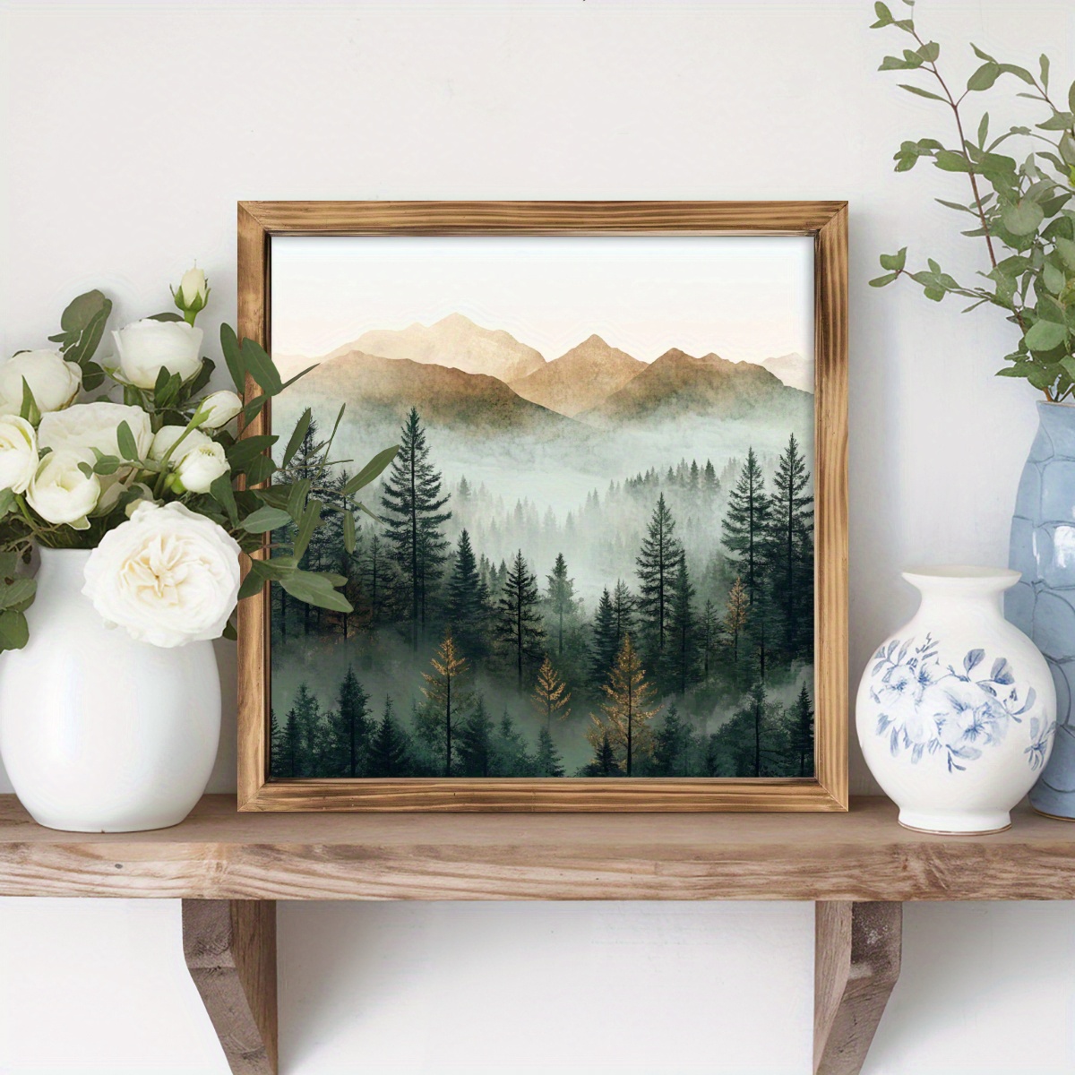TEMU 1pc Mist Landscape Framed Painting - Rustic Style Decor, 8x8 Inch Vintage Natural Scene, Featuring Pine Trees And , No Power Required, Suitable