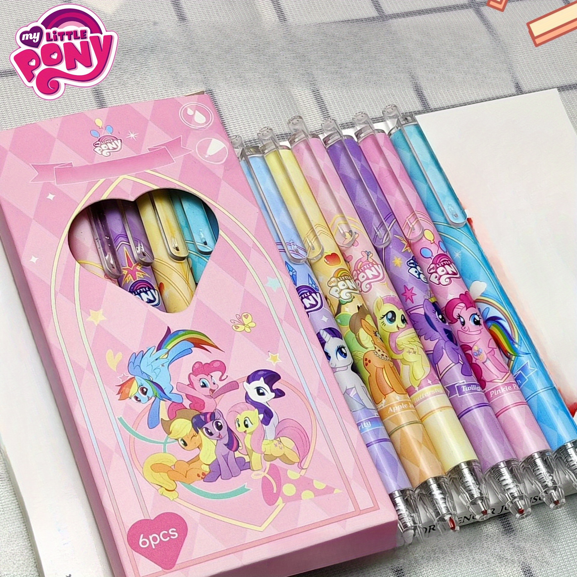 

(licensed) 6pcs Pony Neutral Push Pen Cute High Appearance Level Push Pen Cartoon Brush Pen Black Ink Pen, Color Anime Pattern - Smooth Writing, Suitable For Office And School - For Fans