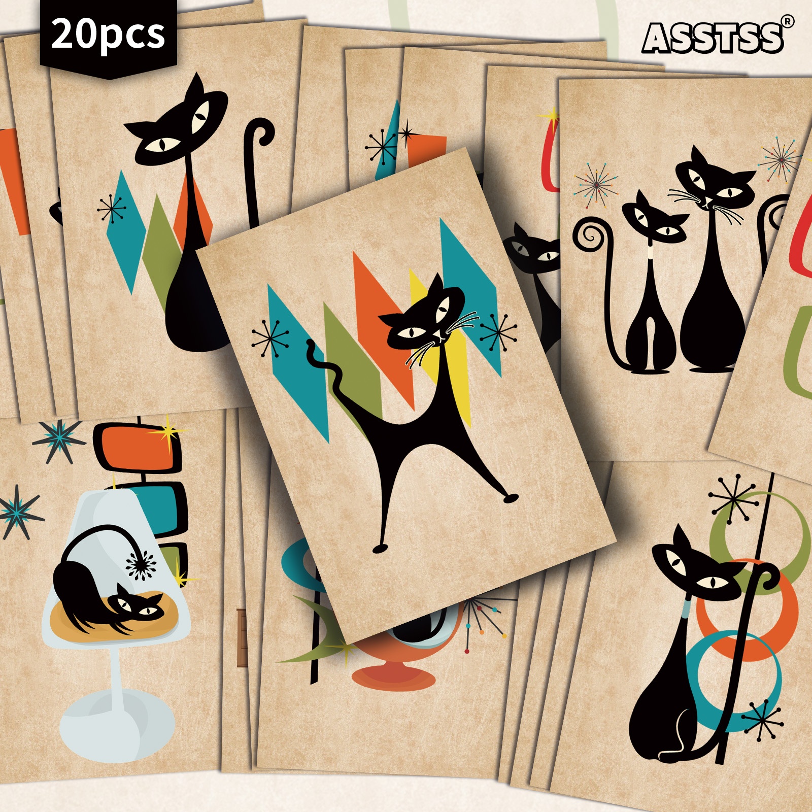 TEMU 20-pack Asstss Vintage Cat Postcards - 4x6 Inches Retro Junk Journal Supplies, Classic Pinup Illustrations Collectible Decorative Painting Cards