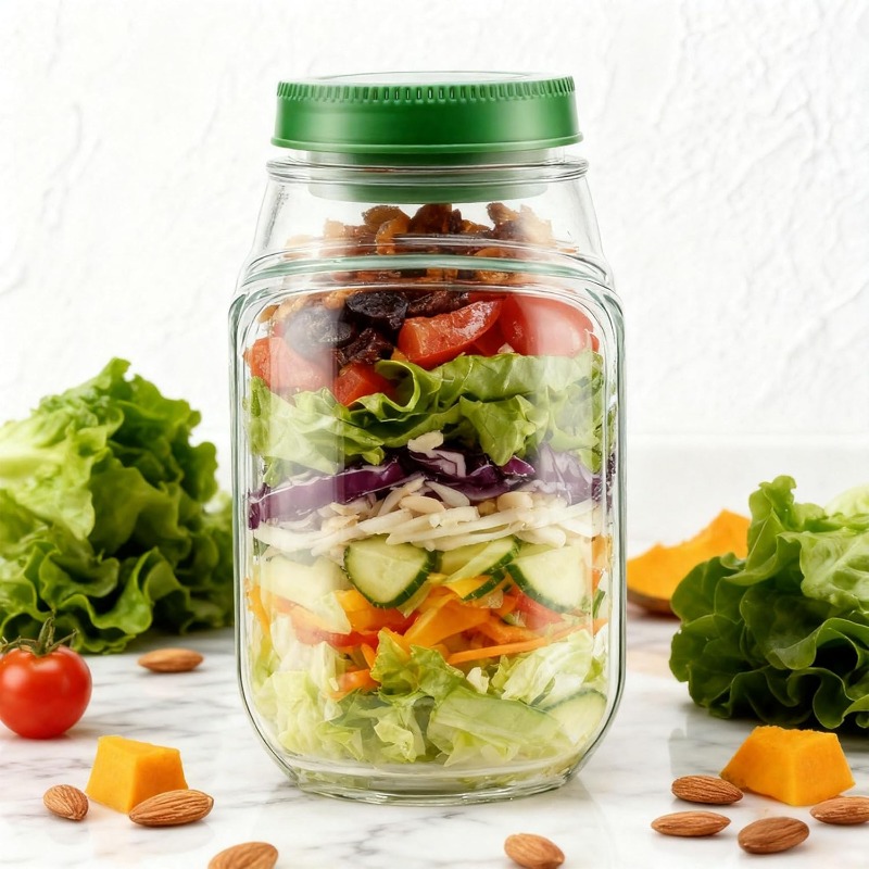 Mason Jar Salad Container, Side Opening, Convenient Lunch Container with Condiment Holder, Microwave, Dishwasher, and Refrigerator Safe. Ideal for Lunch, Dinner, Office, and Travel. A Practical Kitchen Gadget.