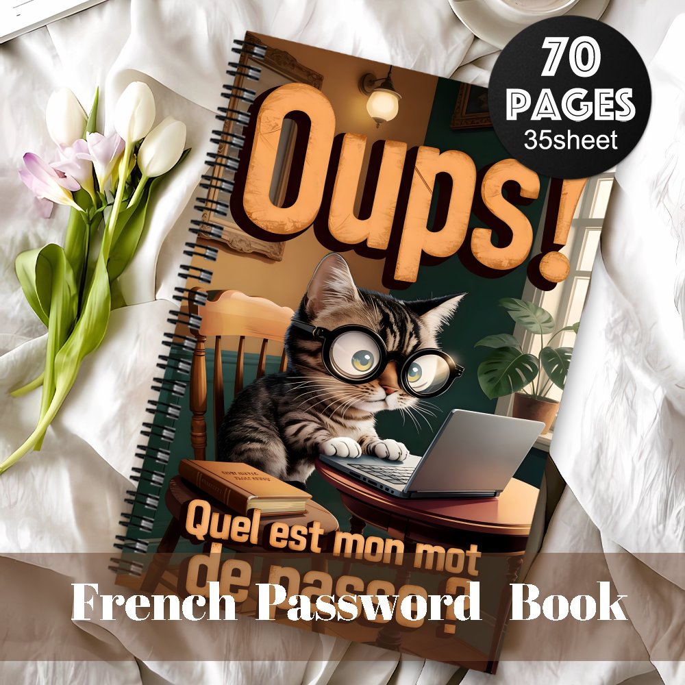 TEMU 1pc Cahier Spirale de Passe Français | Carnet Chat Amusant avec Lunettes, Organisateur de de Passe pour Site Web, Nom d'Utilisateur et