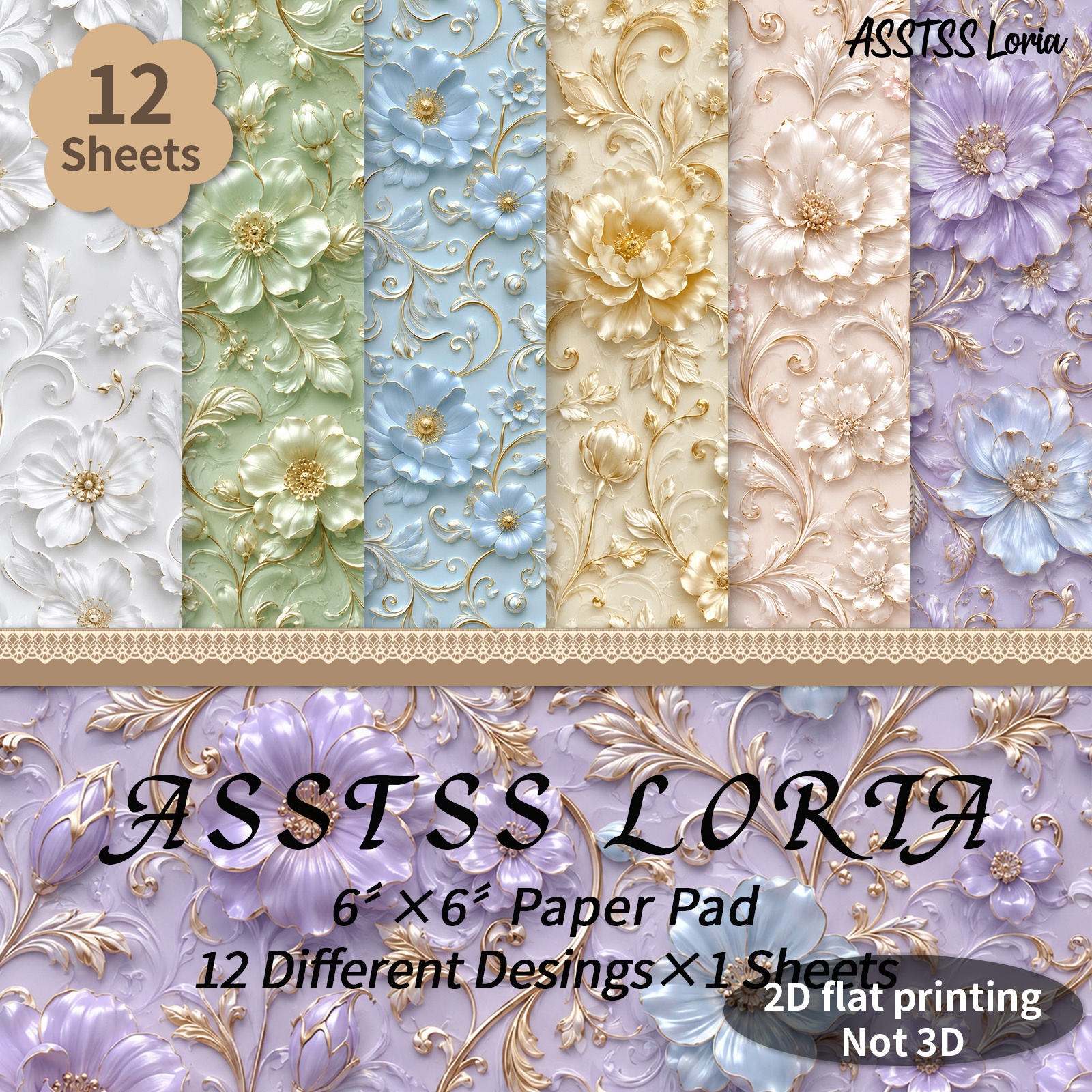 TEMU 12-sheet Asstss Loria 6x6 Inch Scrapbooking Paper Pad, Colorful Relief Flowers Plane/2d Backing Paper Supplies, Heavyweight Cardstock For