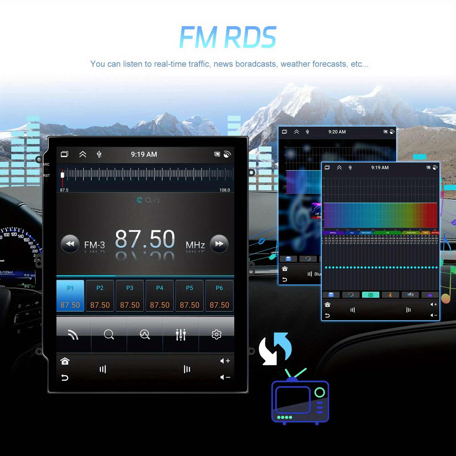[6GB+128GB] for Android 15 Car Stereo Car Radio 9.7-inch Screen Car Multimedia Player Support Mirror Link Wireless Carplay & Wireless Auto Built-in WIFI/ GPS/ FM/ RDS Radio/ EQ Support Audio Settings and Reverse Display with AHD Camera&MIC(Optional)