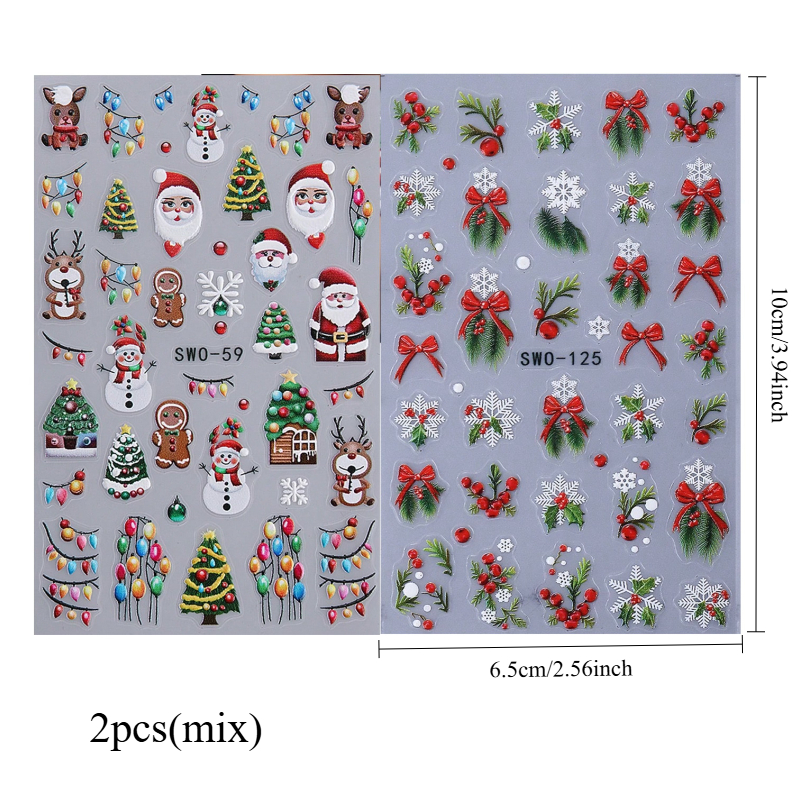 2pcs 5d Embossed Nail Stickers Red Bow Ribbon Holly Snowflake Santa Claus Christmas Winter Nail Art Decals Self-adhesive Sliders Diy