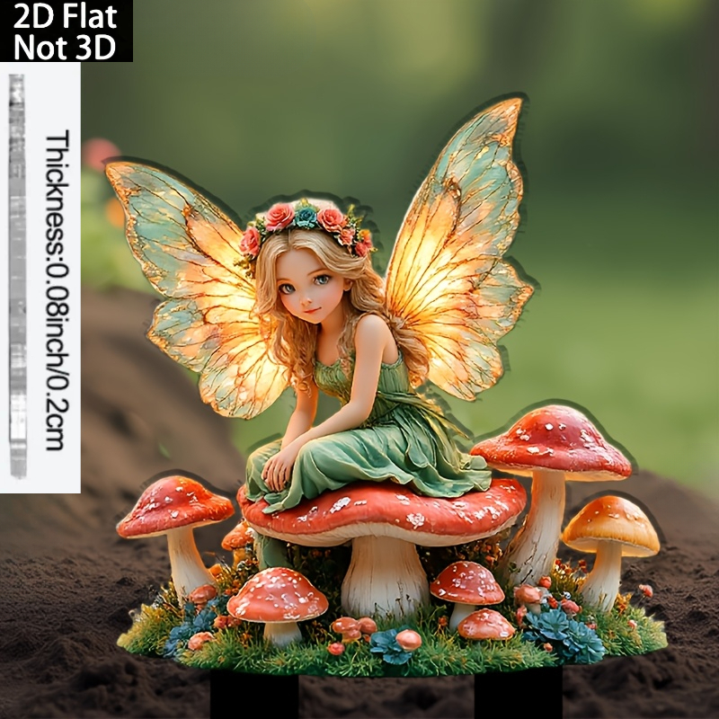 TEMU 2d Flat, [2d Flat] 2d Flat, 1pc Acrylic Fairy Mushroom Garden Stake With Sharp Base - Vibrant Outdoor/indoor Decor, Magical Fairy And Red-topped
