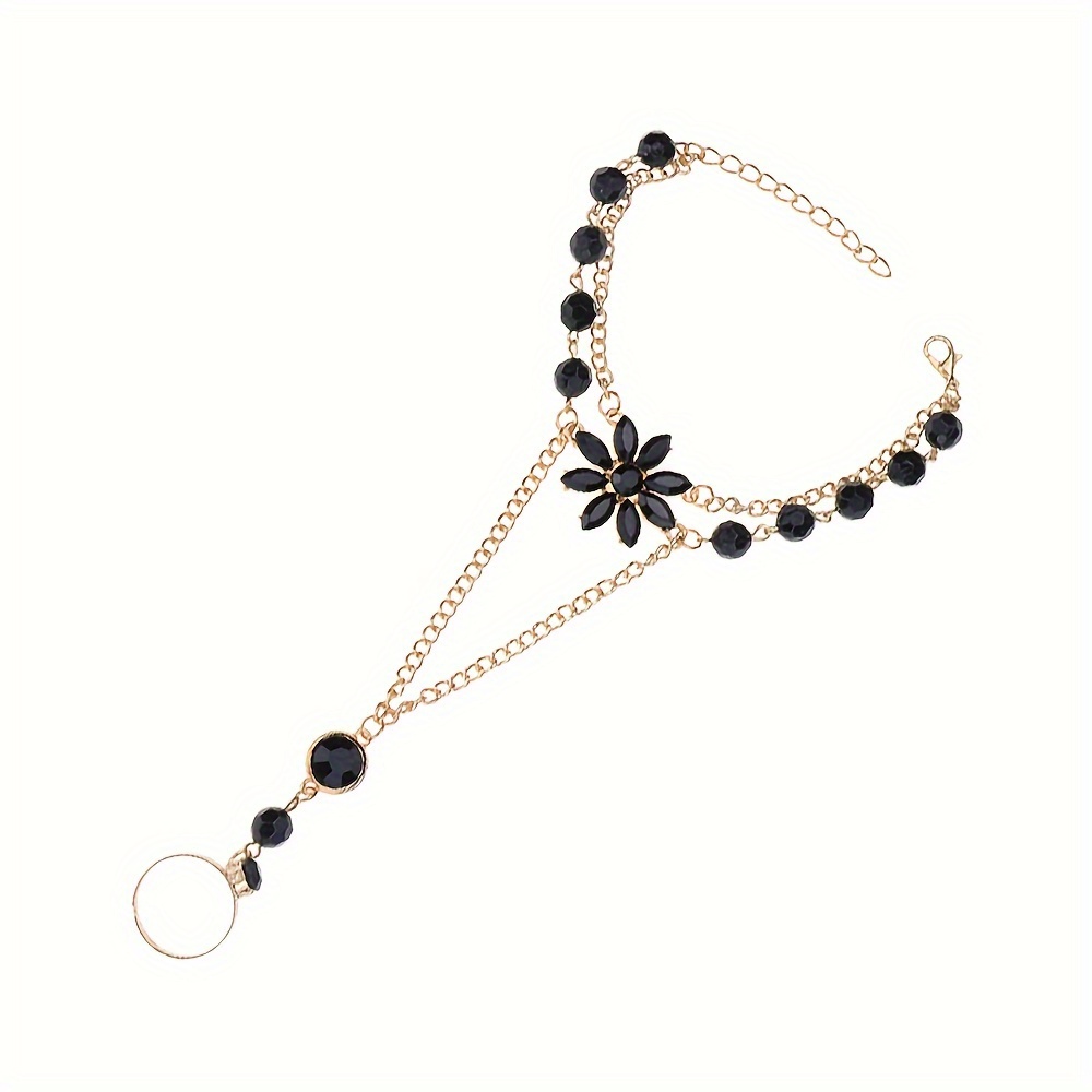 Pulseira Anel de Dedo de Flor Ajustável Joias de Mão  9