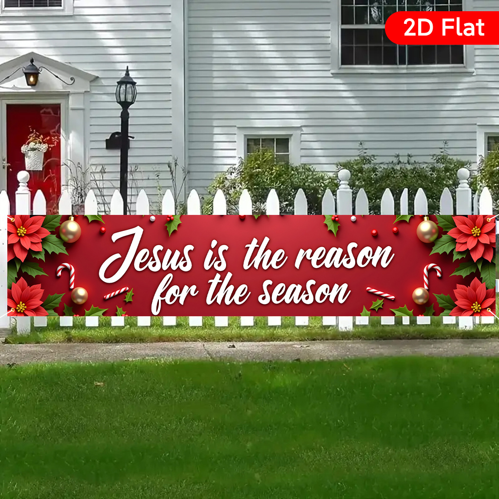 TEMU 2d Flat, Large 1pc Jesus Is For Banner - Red And White Christmas Potted Religious Decoration - Heavy Yard, Wedding, Church Banner -