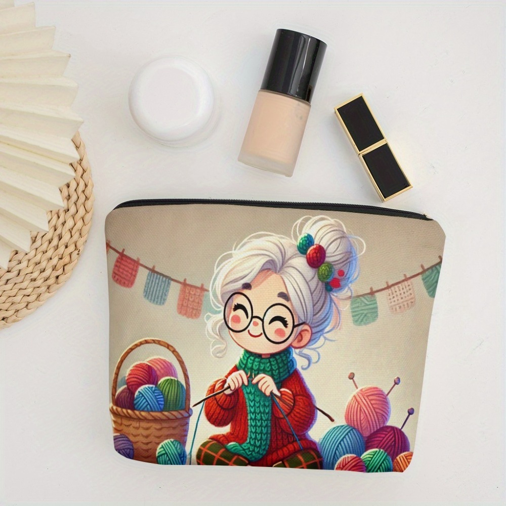 TEMU 1 Double-sided Knitting-themed Makeup Bag For Elderly Ladies, With Granny Knit Pattern - Washable Zippered Cosmetic And Toiletry Pouch, Portable