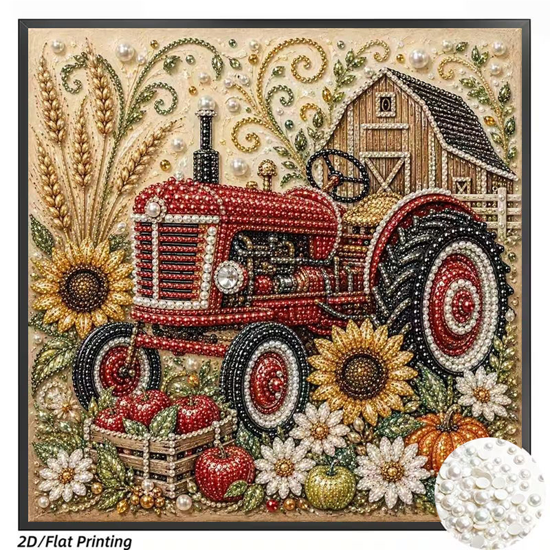 TEMU 1pc Frameless Pearl Drill Painting Kit, Featuring A Unique And Vivid Countryside Scenery Design With Tractor And Harvest, An And Project
