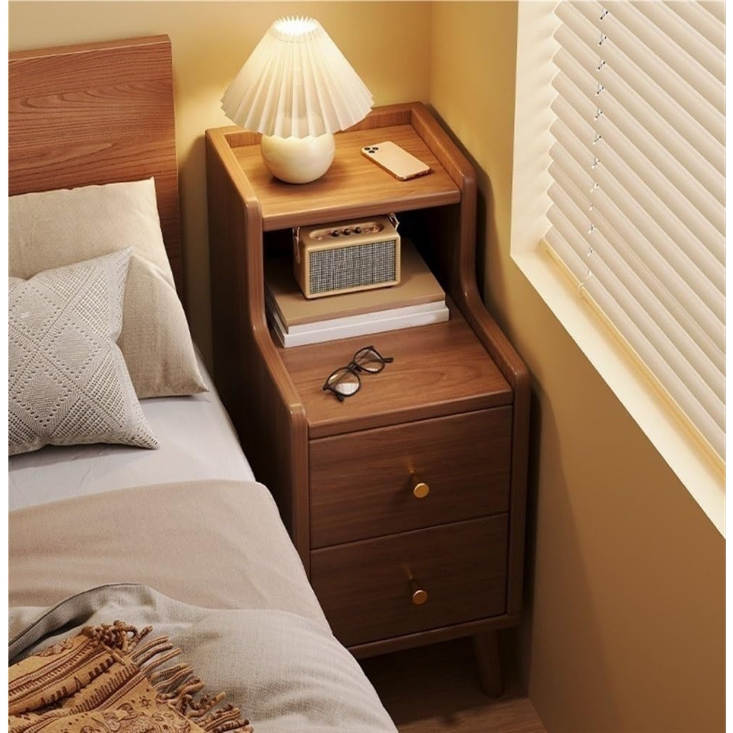 chic solid wood nightstand with sliding drawers open storage shelf   small spaces multi functional bedside table with cable management holes ideal for bedroom dorm and living room details 2