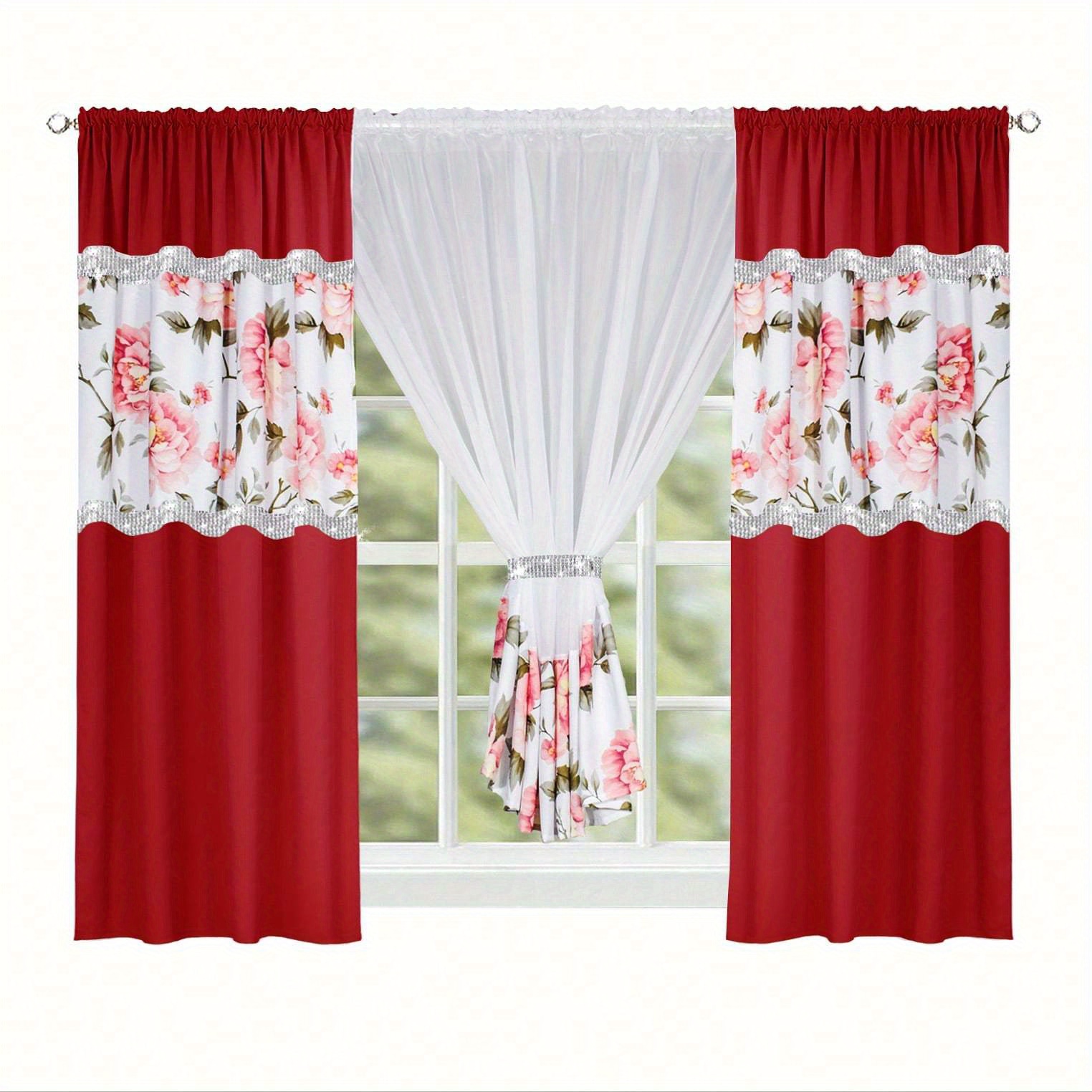 Image of 3pcs/ Set Luxurious Curtains, Decorative Window Drapes, Jacquard Double-layered Drapery Set With Valance, Window Treatments For Bedroom Living Room, Home Decoration, Room Decoration