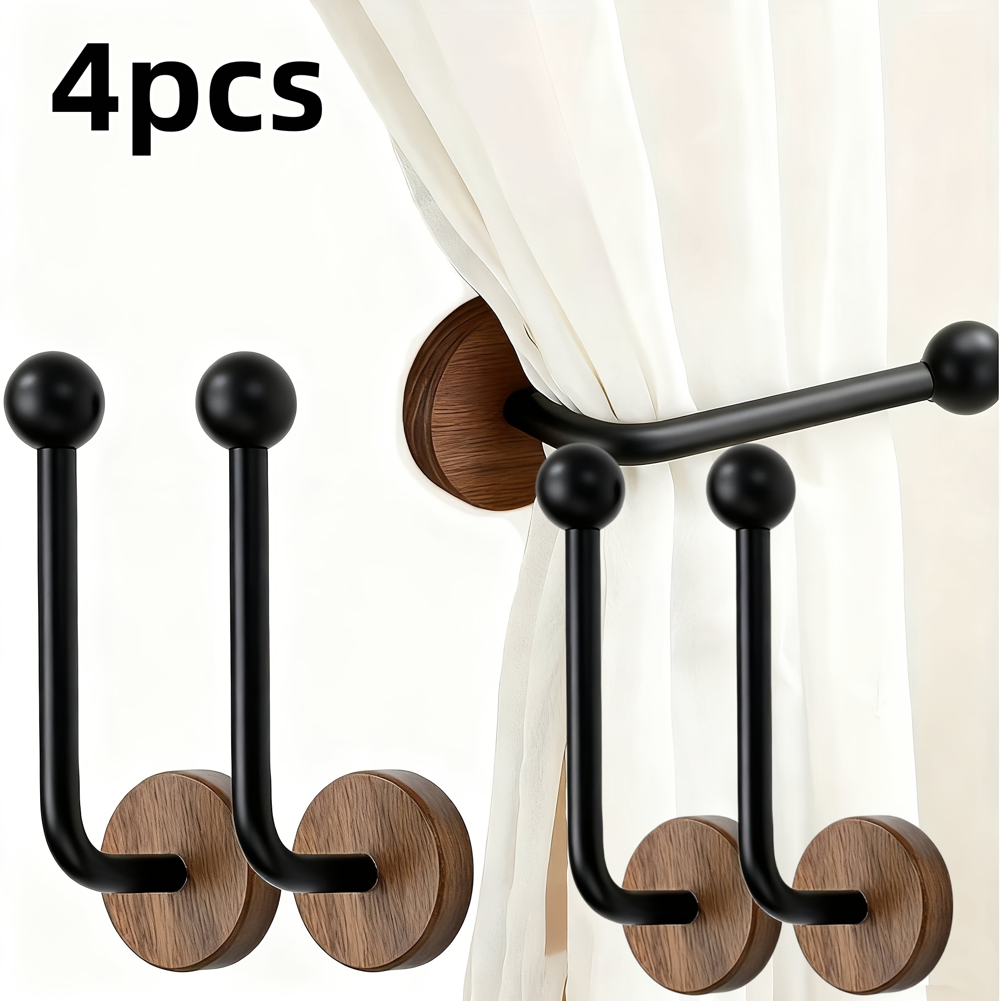 TEMU 4pcs Modern No-drill Adhesive Curtain Tiebacks With Walnut Wood Base - Heavy-duty Adhesive Panel & Wood Door/wall Mount Suitable For Sheer
