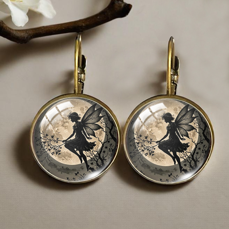 TEMU Vintage Fairy Branch And Moon Image Round Glass Retro Earrings, Handmade Trendy Additions, A Gift For , Without Battery