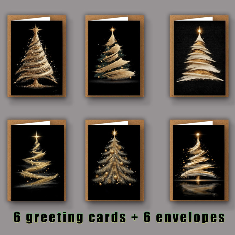 TEMU [christmas Card | Shiny Tree] 12pcs Christmas Card(6pcs) With Shiny Includes Envelope(6pcs), Cards For Students, Teachers' Message Cards,
