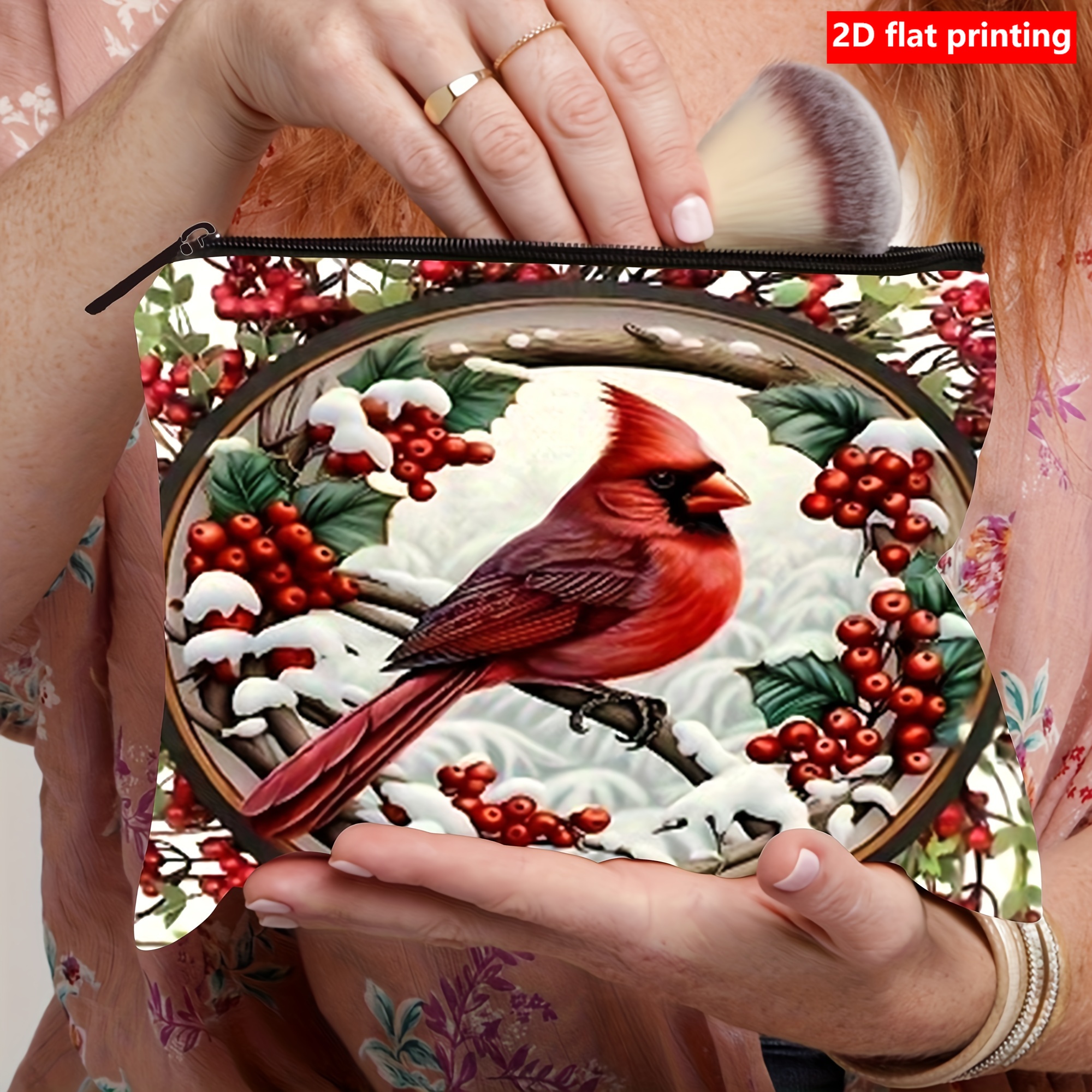 TEMU 2d Flat Printed 1pc Christmas Red Bird Pattern Makeup Bag, Toiletry Storage Pouch, Cosmetic Organizer, Travel Essential Portable Coin And Snack