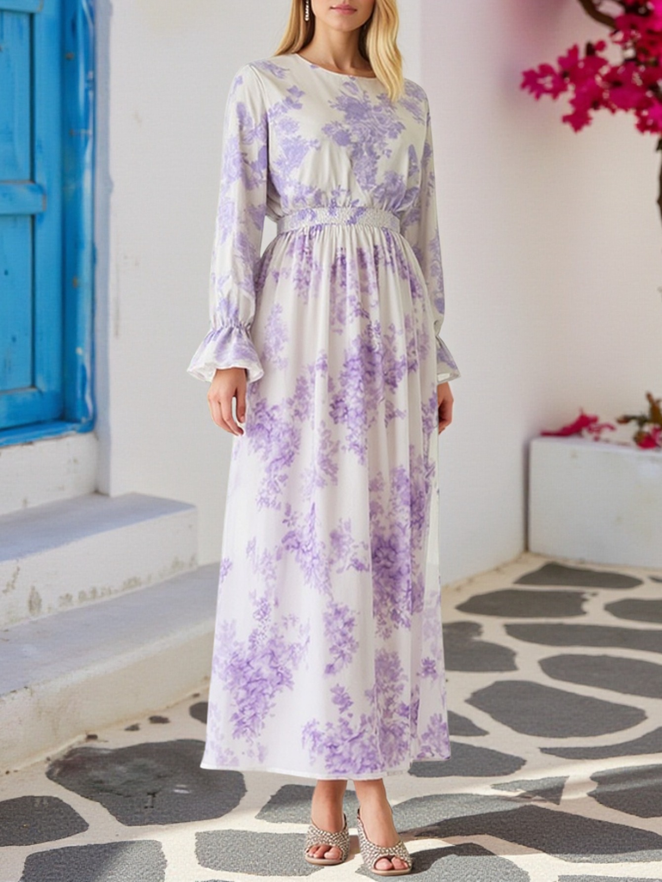 chinese dress ladies Zapaka Women Long Embroidery Prom Dress Lavender V-Neck Short Sleeves Plus Size A-Line Evening Dress, Lavender / US20W main image 1