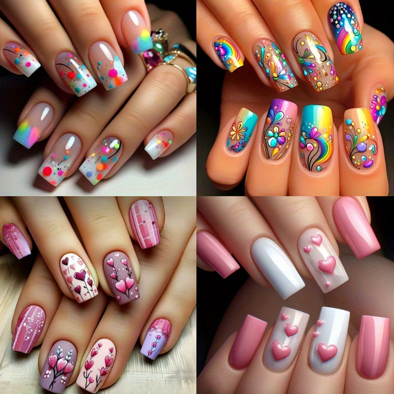 TEMU 90pcs (4 Packs) Chic Shaped Nail Set With Sparkling Hearts And Decorations, Valentine's Day