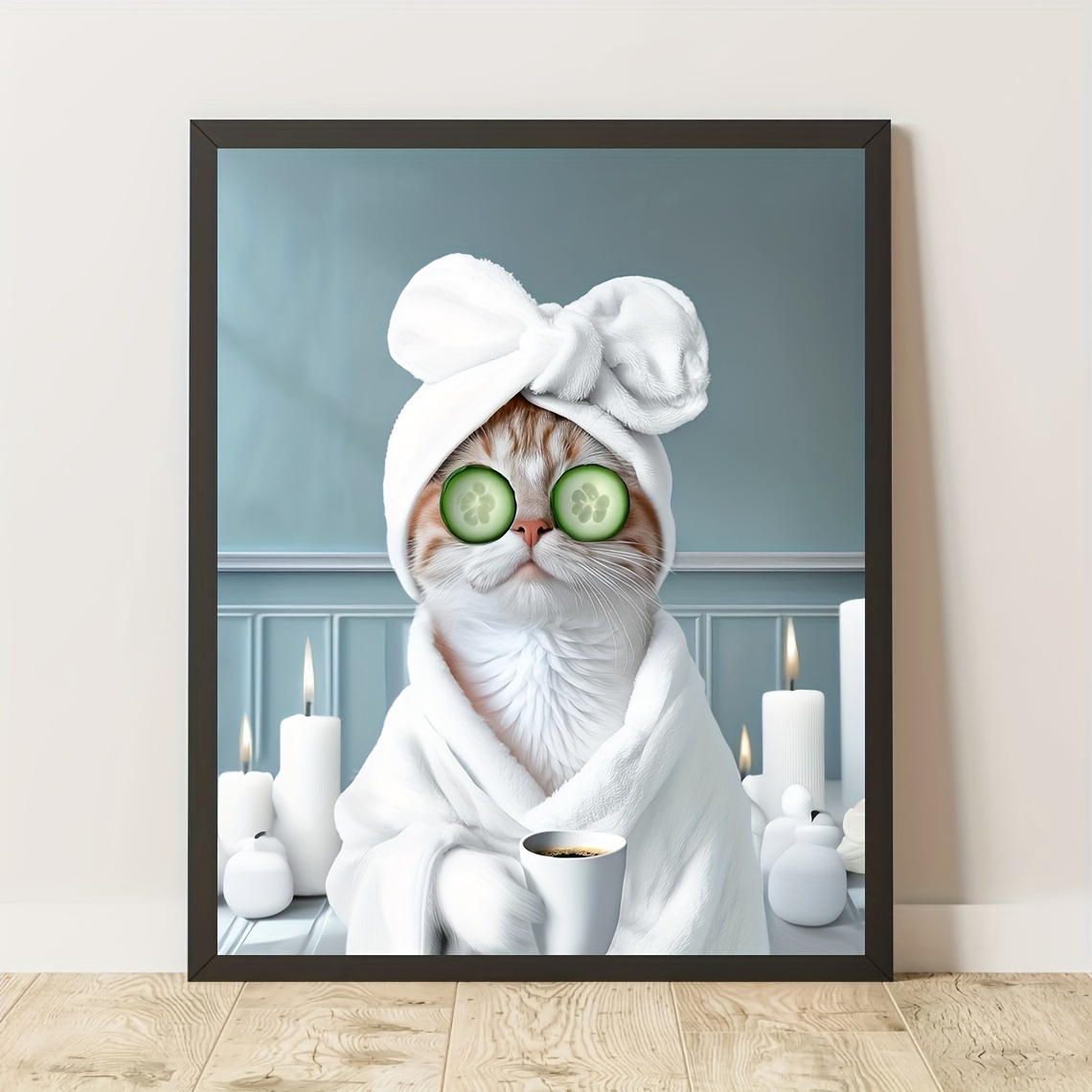 TEMU Impression d'art sur toile 2D, un chat calme avec une , mesurant 12X16 pouces. Cette décoration murale sur le thème du spa est parfaite pour une