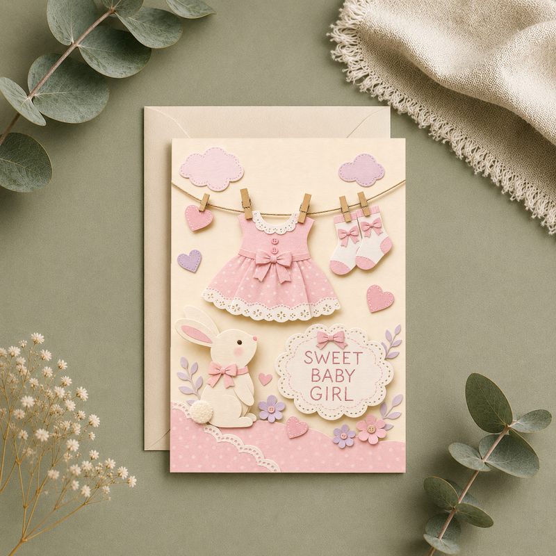 TEMU Girl Greeting Card Pastel Paper , 2d Flat Effect, Perfect For Newborn Daughter, Shower, Birth Announcement, Or Baby Girl Celebration 1pc And 1pc