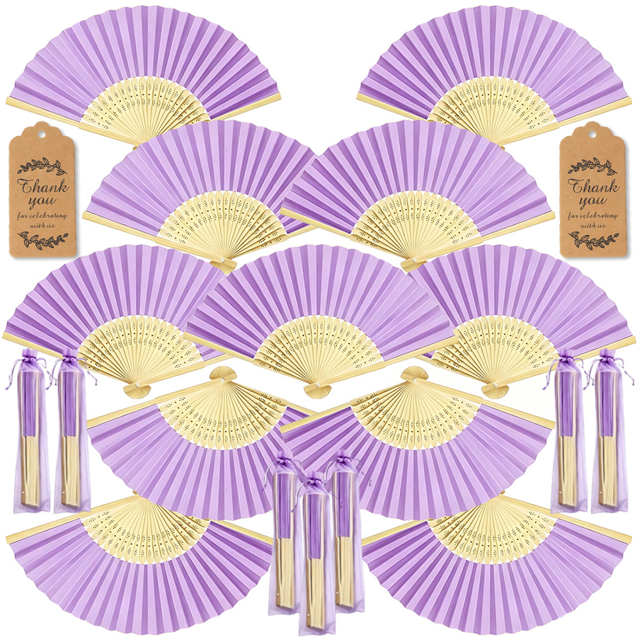 TEMU 30pcs Set For Wedding Parties - Elegant Purple Bamboo Folding Fan Set With Thank You Cards And Gift Bags, Cute Foldable Bridesmaid Fans, Summer
