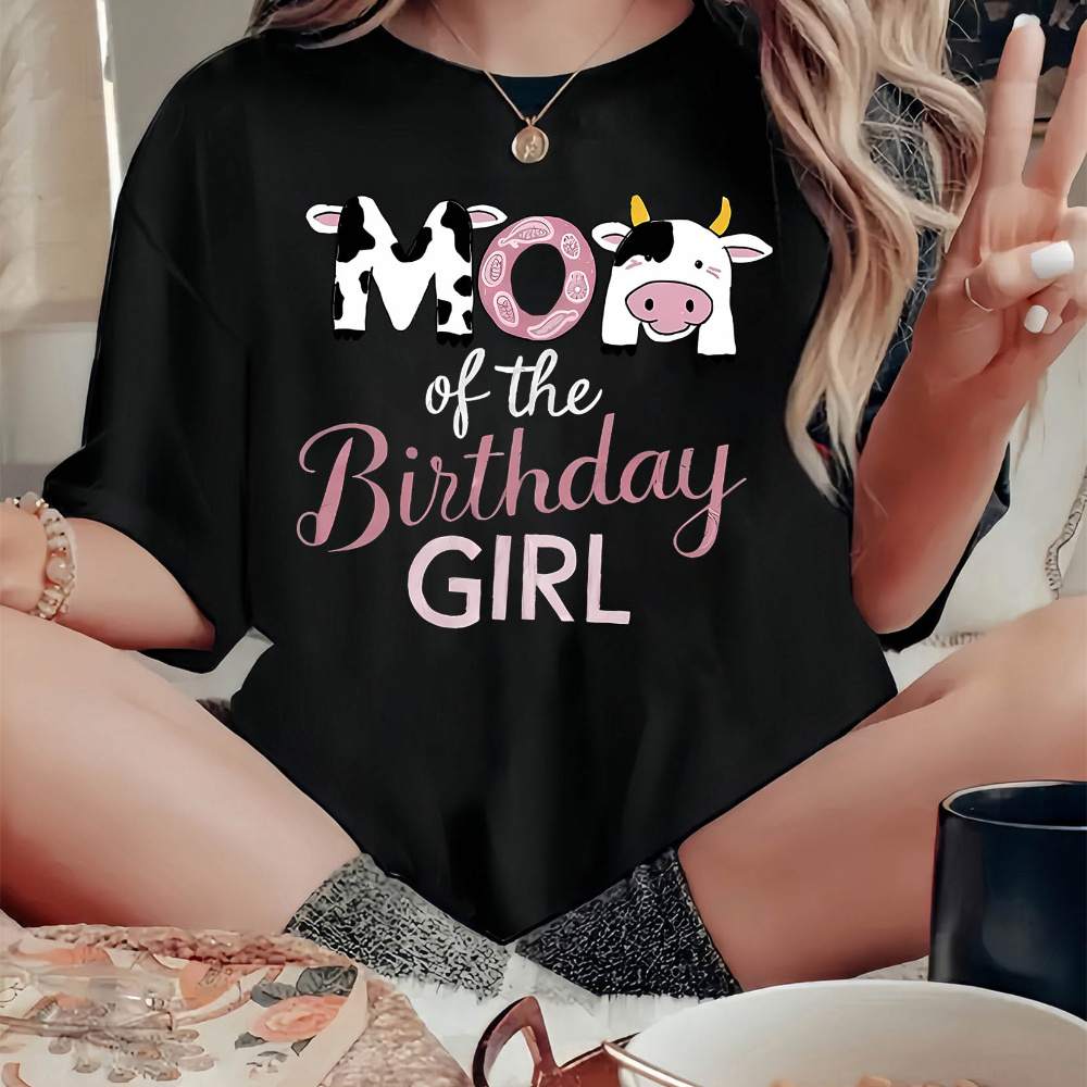 

Women's "mom Of The Birthday Girl" - Fun & Unicorn Print, Casual Round Neck Short Sleeve Tee, Soft Polyester ,