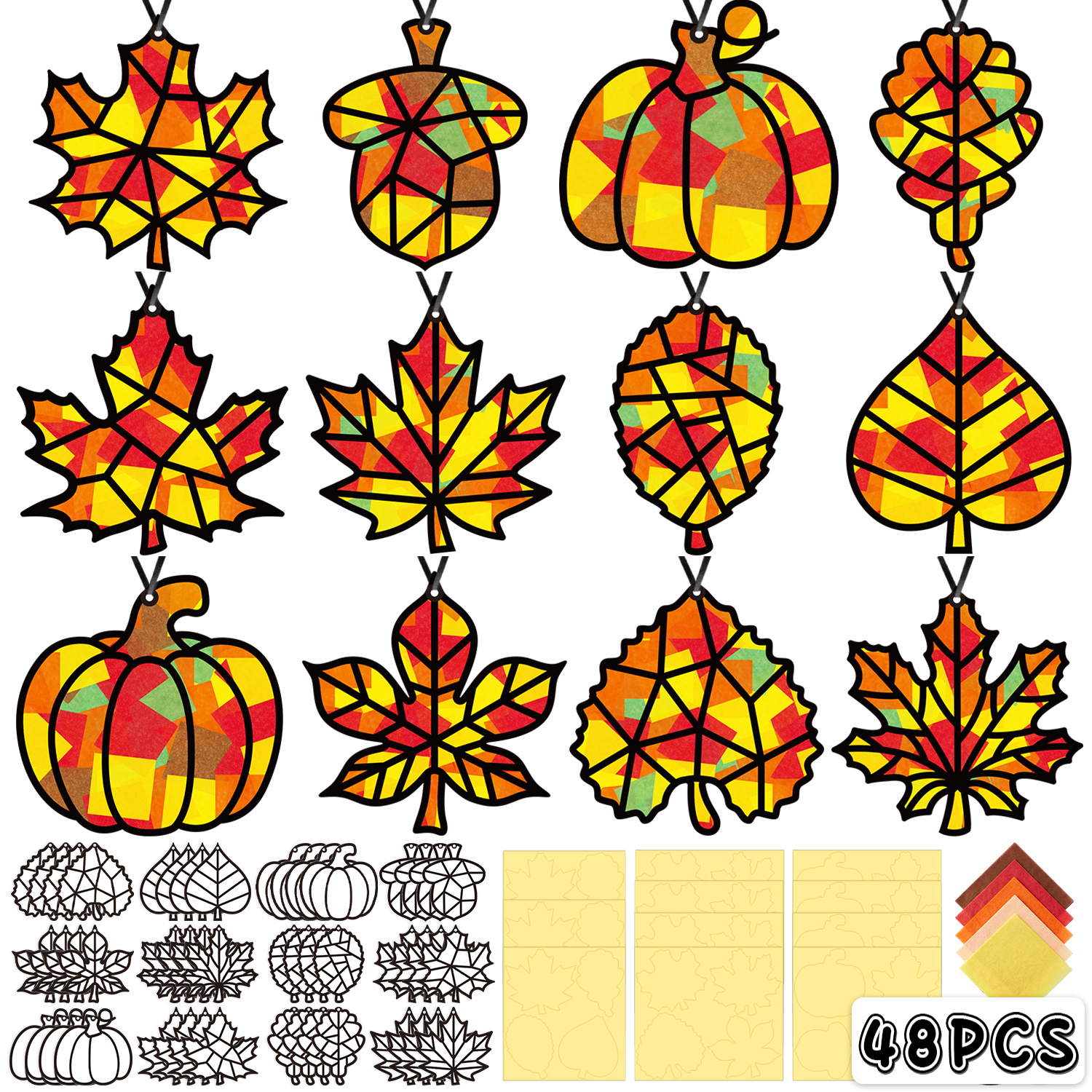 TEMU 48pcs Fall Crafts Bulk Kit - Leaves And Pumpkins Paper Suncatchers Stained Glass Window Decorations - Autumn Thanksgiving Hanging Ornaments And
