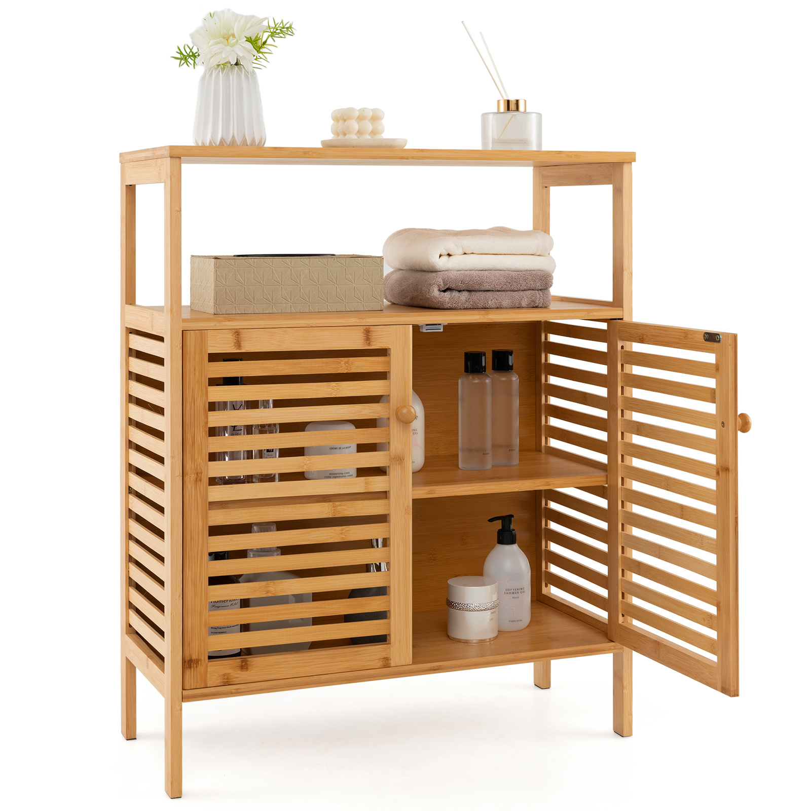 Bamboo Storage Cabinet W/ Double Louvered Shelf & Removable Shelf