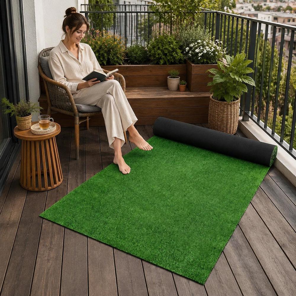 Image of Artificial Grass Rug 5x1m, 7mm Low Pile With Drainage Holes, Pet Friendly Fake For Balcony Patio Garden, Easy To Clean And Trim, Green