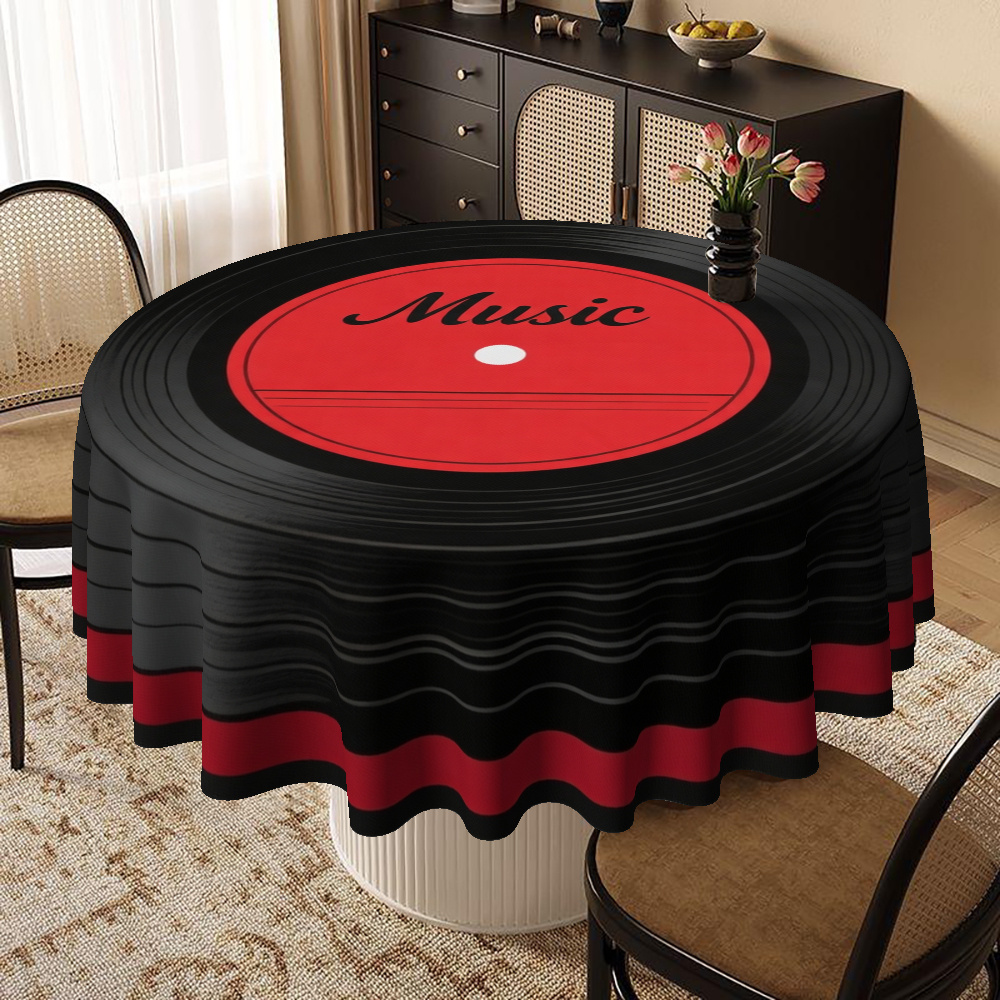 TEMU 2d Flat Tablecloth1pcsround Tablecloth, Designed With A Music Theme, Featuring Red And Black Vinyl Records, Is Perfect For Birthdays, Parties,