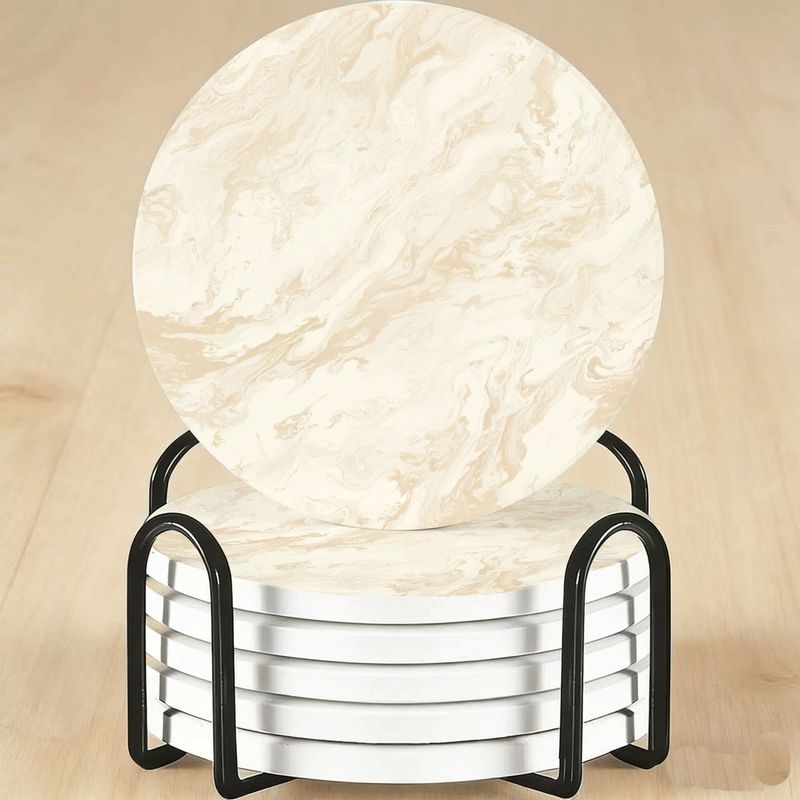 TEMU 1 Set (6pcs) Marble Coasters Suitable For Home Kitchen Bar Table Decor - Creamy Beige Light Brown Drink Holders, Modern Minimalist Elegant Table