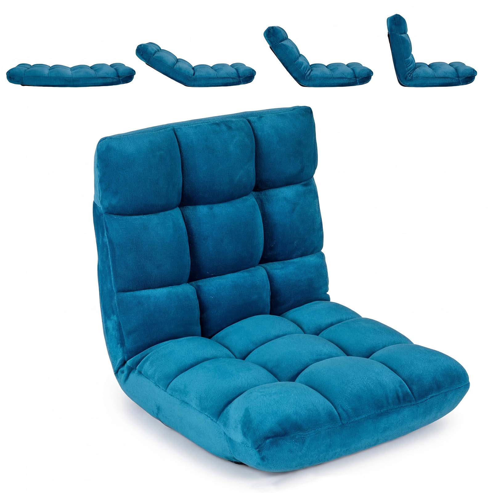 Image of Adjustable 14-position Floor Chair, Folding Couch Recliner With Soft Flannel Cover & Heavy Duty Metal Support, Reading Gaming Floor Chair With Non-slip Base For Adults, Blue