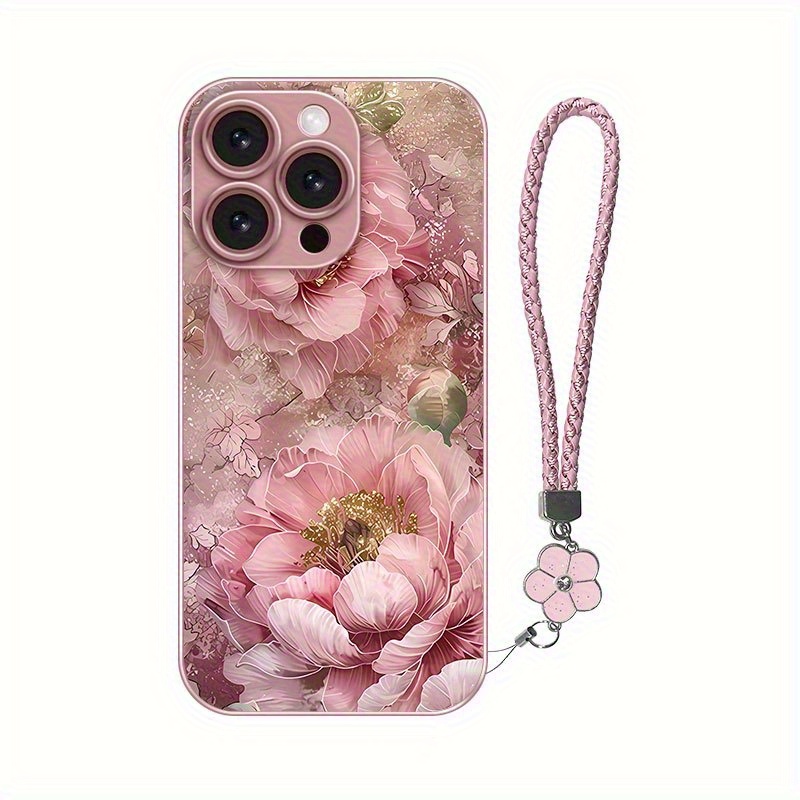 TEMU Phone Case - Pink Metallic Paint Glass Phone Case With Lanyard, Suitable For Iphone 17/17air/17pro/17promax/iphone