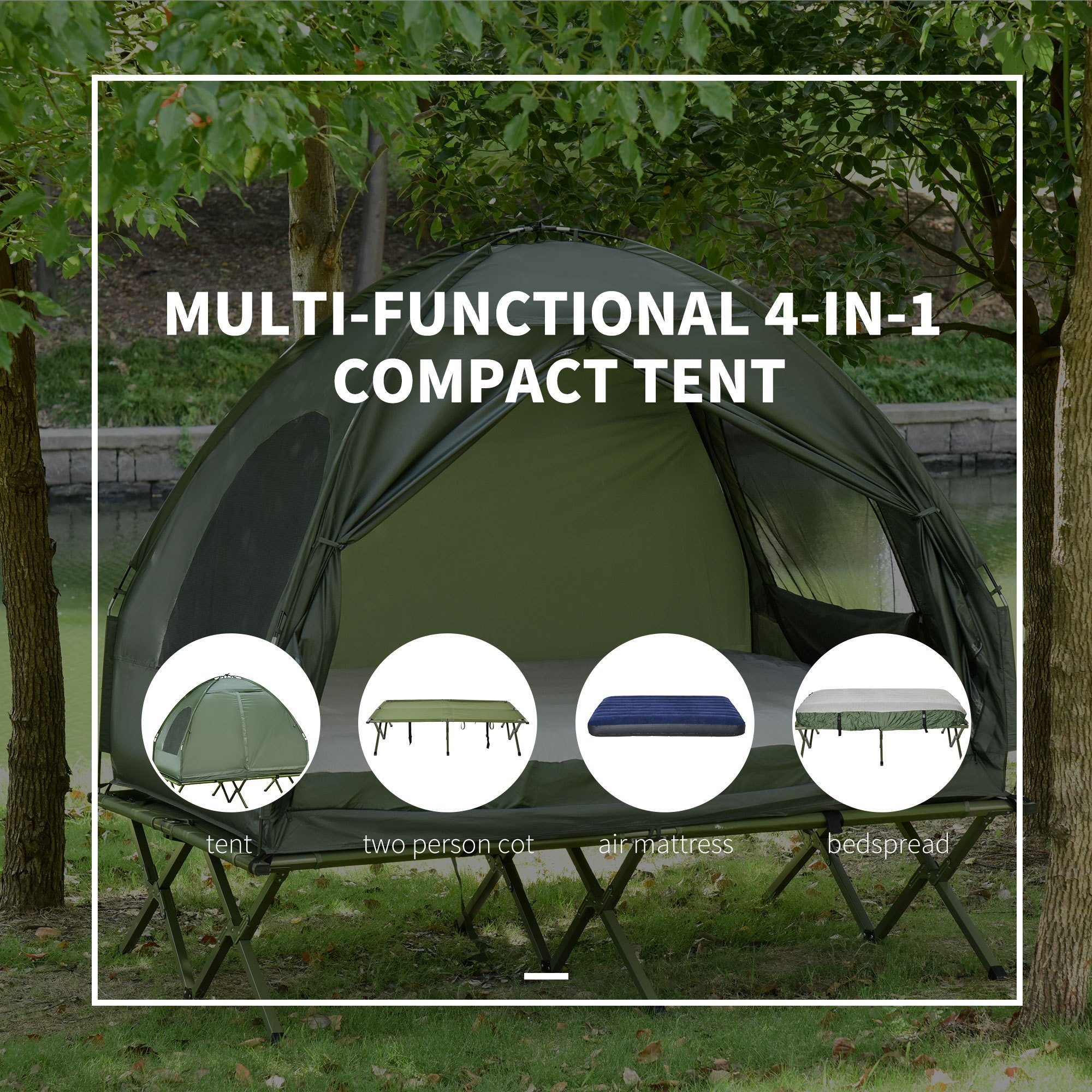 1pcsOutsunny 2-person Foldable Camping Bed with Tent, Quilt and Thick Air Cushion, 4-in-1 Tall Tent Camping Bed, Suitable for Outdoor Hiking, Picnicking, Travel