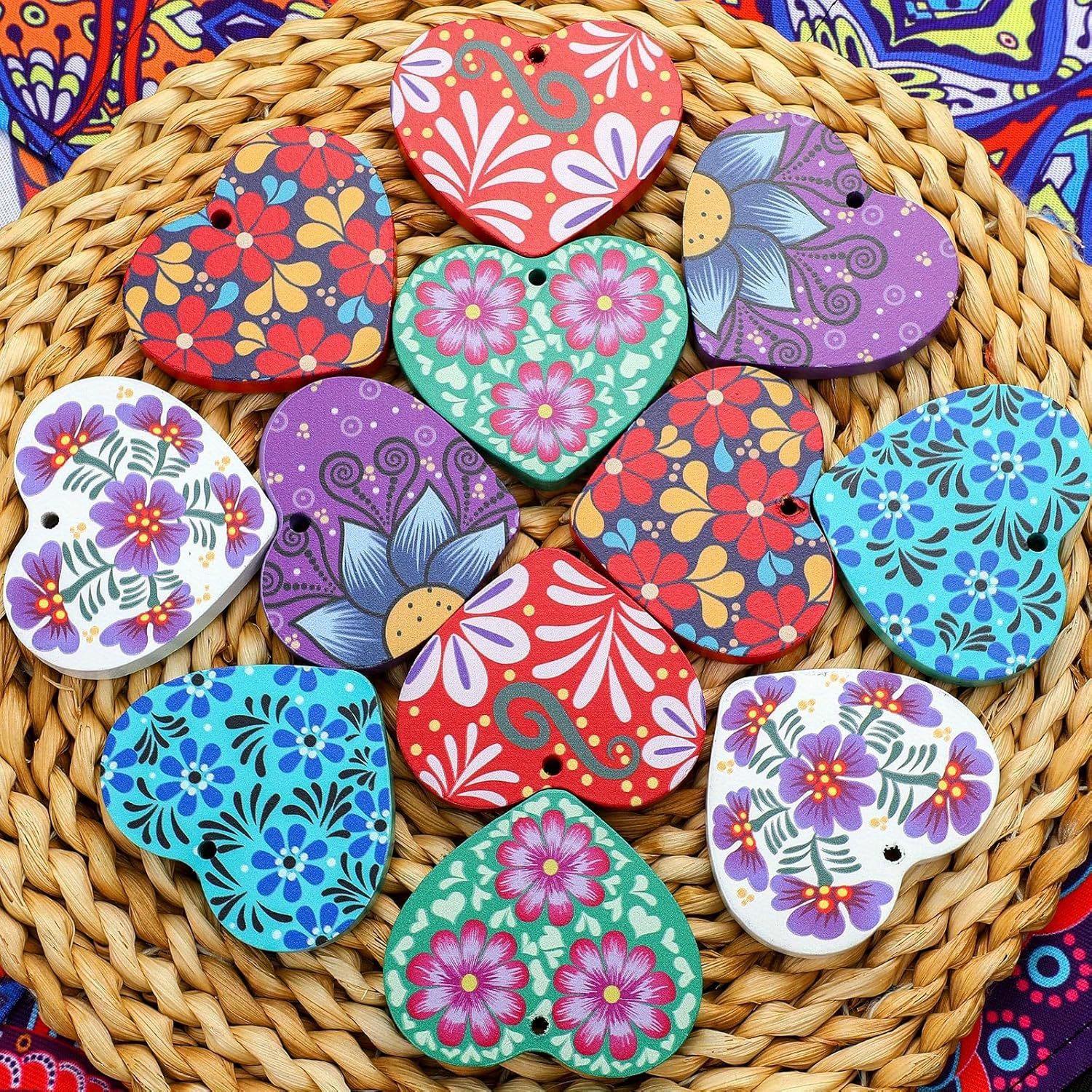 E-shop 12-teiliges Set, Valentinstag Holzherz-Anhänger, Mexikanische Heiliges Herz-Dekorationen, Bedruckte Holzanhänger als Geschenk für Party-